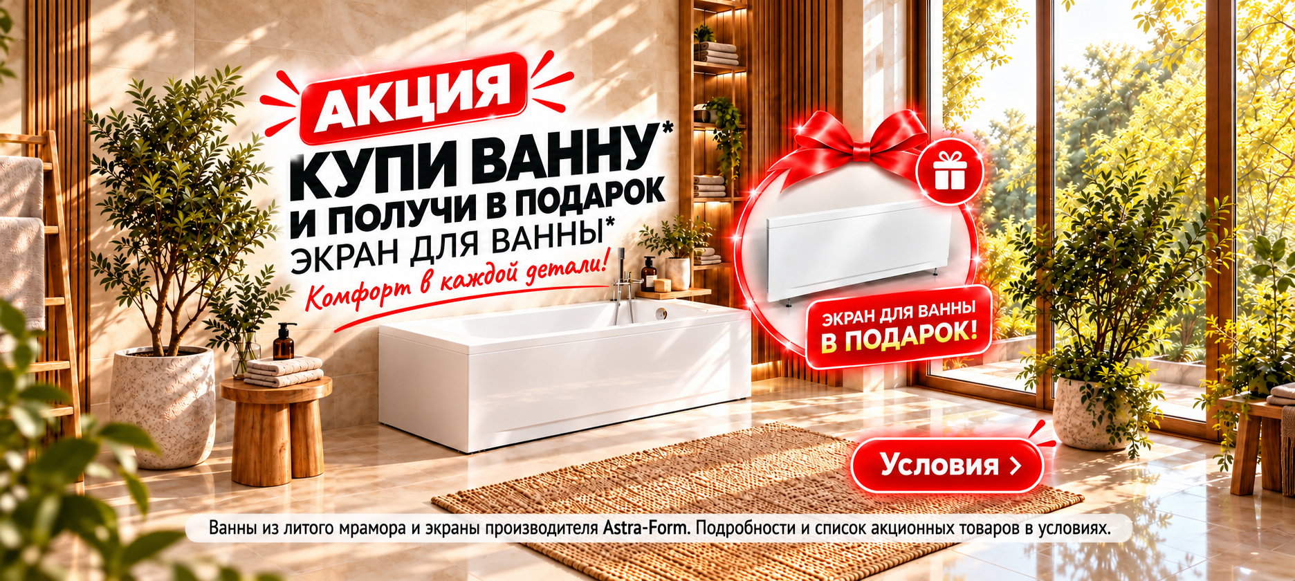 Купи ванну из литого мрамора и получи в подарок экран