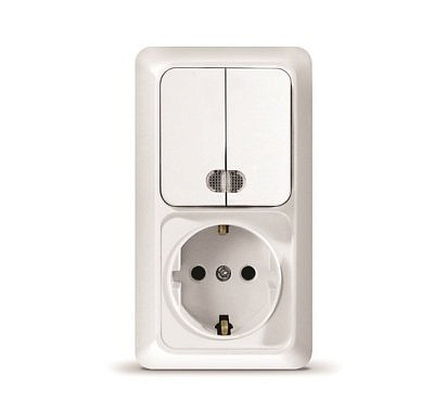 Переключатель вертикальный Олимп UNIVersal ОП 2 клавиши + розозетка с заземлением , белый О0041