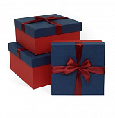 Коробка подарочная тиснение РОГОЖКА 210x210x110 (квадрат, 210x210x110, рогожка, синий тисненая бумага/красная тисненая бумага)