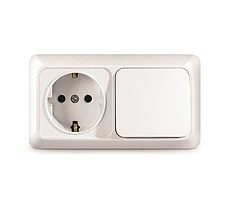 Переключатель горизонтальный Олимп UNIVersal ОУ 1 клавиша + розетка с заземлением , белый (пластик) О0032