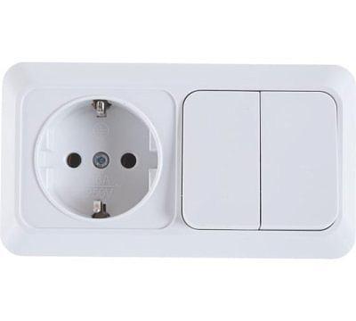 Переключатель горизонтальный Олимп UNIVersal ОУ 2 клавиши + розетка с заземлением , белый (пластик) О0033