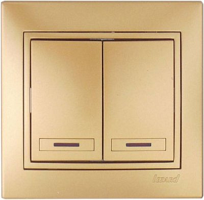 Переключатель 2-клавиши  подсветка , со вставкой , металлик золото Мира 701-1313-112