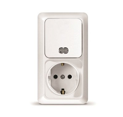 Переключатель вертикальный Олимп UNIVersal ОП 1 клавиша + розетка с заземлением , белый О0039