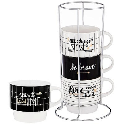 НАБОР ИЗ 4 КРУЖЕК НА МЕТАЛЛИЧЕСКОЙ ПОДСТАВКЕ LEFARD "BREAK TIME" 210 МЛ ЧЕРНОЕ И БЕЛОЕ (КОР=8НАБ.)