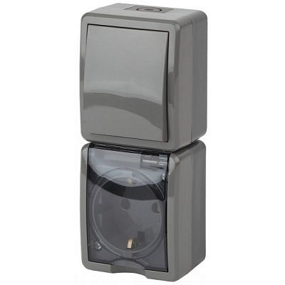 Блок выключатель вертикальный ОП розетка , серый IP54 11-7407-03 Era 