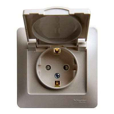 Розетка 1-м с заземлением защитные  шторки с крышкой перламутр. SchE GLS000646