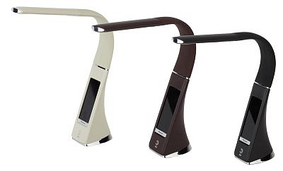 Светильник настольный NLED-461 светодиодный 7W 4K сенсор диммер дисплей (часы,термом) коричн под кожу 7433