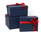 Коробка подарочная с бантом тиснение РОГОЖКА 210x170x110 синий (прямоугольник, 210х170х110, синяя тисненая бумага, лента красная)