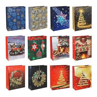 СНОУ БУМ Пакет подарочный, 26х32х10см, бумага высокого качества с глиттером, 12 дизайнов, арт.2022-3