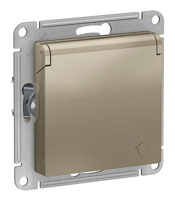 Механизм розетки Schneider Electric ATLASDESIGN скрытый монтаж с заземлением с крышкой со шторками шампань ATN000546