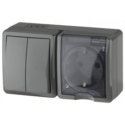 Блок выключатель ОП 2 клавиши + розетка , серый IP54 11-7402-03 Era 