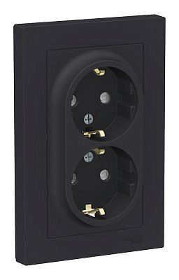 Механизм розетки двухместной Schneider Electric ATLASDESIGN, скрытый монтаж, с заземлением, со шторками, карбон ATN001026