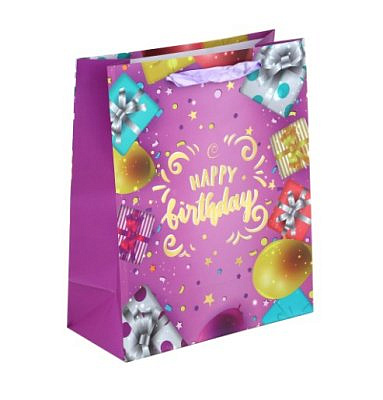 Пакет подарочный, с фольгированным слоем, 26x32x12см, 4 дизайна, С Днем Рождения LADECOR 507-221