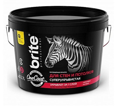 Краска в/д BRITE PROFESSIONAL ONE COAT для потолков высокоукрывистая База А, 2,7л