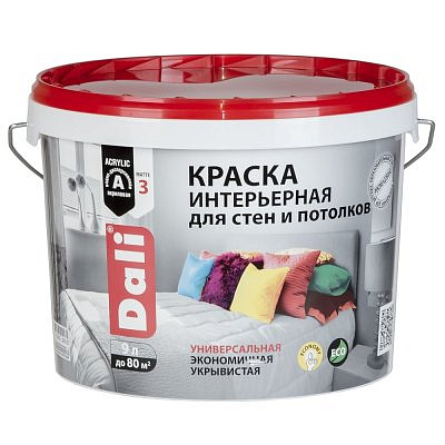 Краска DALI интерьерная для стен и потолков, белоснежный 9л
