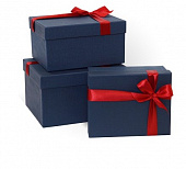 Коробка подарочная с бантом тиснение РОГОЖКА 230x190x130 синий (прямоугольник, 230х190х130, синяя тисненая бумага, лента красная)