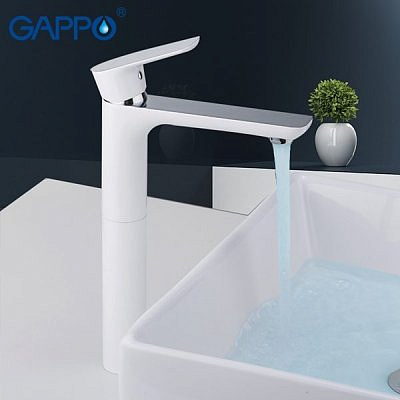 Смеситель для раковины Gappo G1048-2 высокий белый хром Ф35 гайка