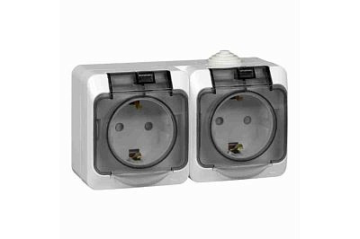 Розетка 2-м IP44 крышки, шторки с заземлением в сборе белая SchE GLS000147