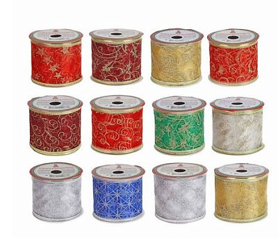 Лента для упаковки, с каркасной нитью, 6,3x270см, полиэстер, 8 диз, органза с золотом СНОУ БУМ 369-616 