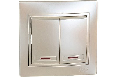 Выключатель LEZARD MIRA 2 - клавиши, с подсветкой жемчужный белый с коричневой вставкой 701-3031-112