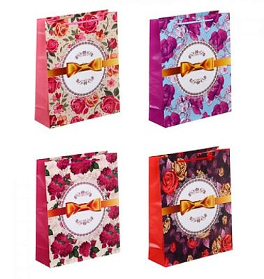 Пакет подарочный бумажный LADECOR, 26x32x9см, 4 дизайна, Бант 507-150