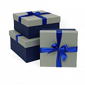 Коробка подарочная  с бантом тиснение РОГОЖКА (210x210x110, рогожка, светло-серый тисненая бумага/синий тисненая бумага)