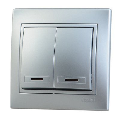 Переключатель 2-клавиши с подсветкой металлик серебро  701-1010-112  Мира