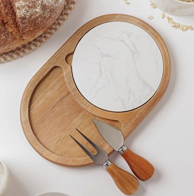 Набор для подачи сыра "Мрамор" 2 ножа, акация, овальная   6976441