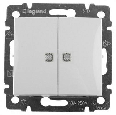 Механизм выключателя 2-клавиши СП Valena 10А IP31 с зеленым индикатором , белый Leg 774428 