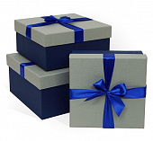Коробка подарочная тиснение РОГОЖКА 170x170x70 (квадрат, 170х170х70, рогожка, светло-серый тисненая бумага/синий тисненая бумага)