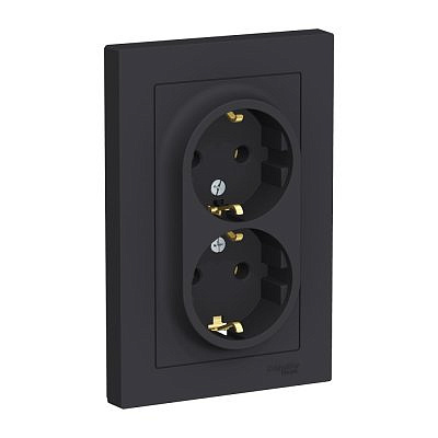 Механизм розетки двухместной Schneider Electric ATLASDESIGN скрытый монтаж с заземлением карбон ATN001024