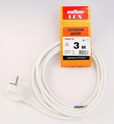 Шнур сетевой LUX V3 ПВС 3х0,75 . 1,5м с вилкой , с заземлением , белый