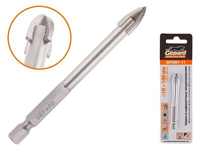 Сверло по кафелю, стеклу четырехкромочное 10*100мм Gepard