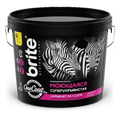 Краска в/д BRITE PROFESSIONAL ONE COAT интерьерная моющаяся высокоукрывистая База А, 9л