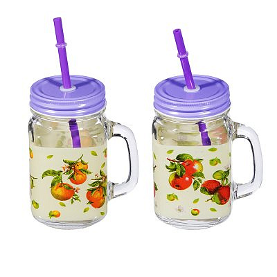 Бокал для напитков с крышкой и трубочкой, стекло, 500мл, Апельсин и яблоко