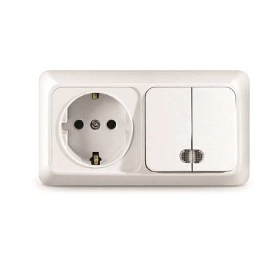 Переключатель горизонтальный Олимп UNIVersal ОП 2 клавиши + розетка с заземлением , белый О0037