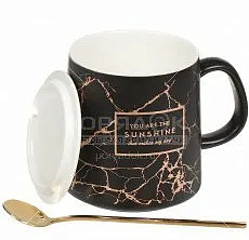 Кружка 370мл Белый и черный мрамор микс с ложкой и крышкой Y4-3200 I.K