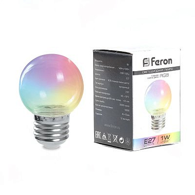 Лампа светодиодная Feron Е27 1ватт Белт Лайт G45 шар прозрачный RGB плавная смена цвета 70х45 LB37 38132