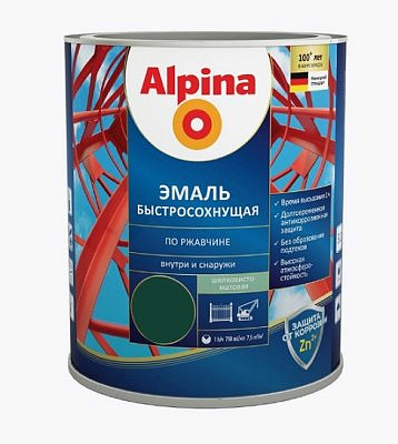Эмаль ALPINA быстросохнущая по ржавчине RAL6005 полуматовый зеленый 2,5л