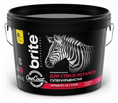 Краска в/д BRITE PROFESSIONAL ONE COAT для стен и потолков высокоукрывистая База А, 2,7л
