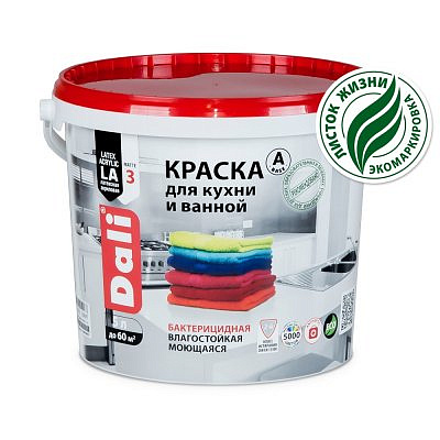 Краска DALI латексная для кухни и ванной, влагостойкая, матовое покрытие 9л