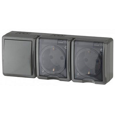 Блок двойная розетка + выключатель ОП серый IP54 11-7403-03 Era 