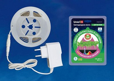 Фитолента для растений UNIEL 7,5W набор для рассады + блок питания 200cм 16 микромольIP20