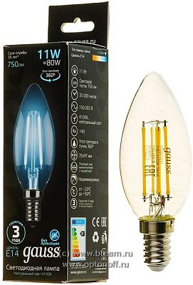 Лампа Gauss LED-F Candle 11w/4K E14 прозрачная