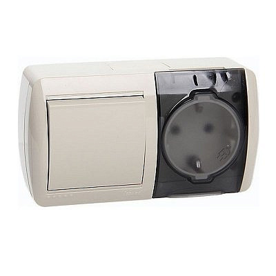 Переключатель горизонтальный 1 - клавиша и розетка с заземлением с крышкой , кремовый 710-0300-170 