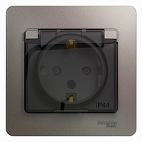 Розетка 1-м с заземлением защитные шторки с крышкой платина IP44 SchE GLS001248