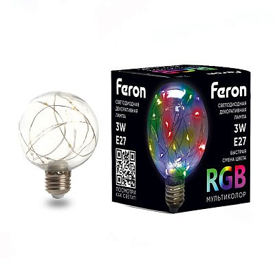 Лампа светодиодная Feron Е27 3ватт Белт Лайт G80 шар RGB прозрачная 120х80 LB381 41676