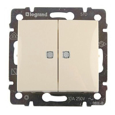 Выключатель 2-клавиши с зелёным индикатором , слоновая кость Legrand 774328