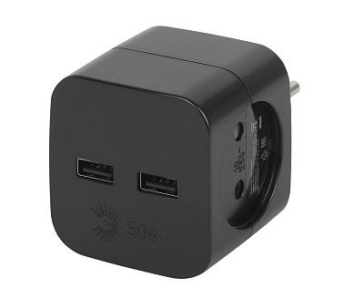 ЭРА разветвитель (тройник) 2 роз. 10A +2xUSB (2.4A/5В), (корпус PC) черный SP-2-USB-B 49535