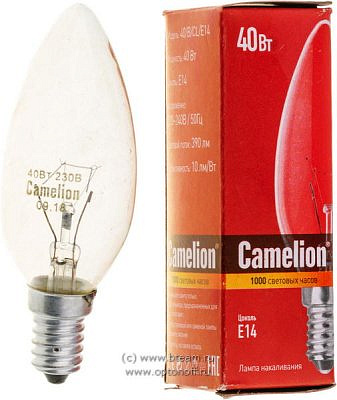 Е14 40вт свеча прозрачная лампа накаливания Камелион 8968